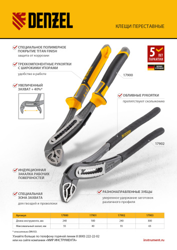 Клещи переставные, трехкомпонентные рукоятки 240 мм Denzel по ценам производителя в Екатеринбурге с доставкой по всей России