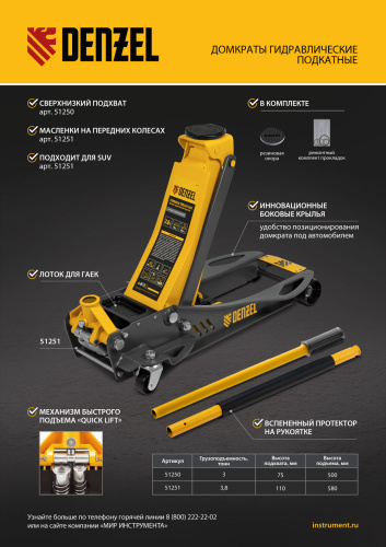 Домкрат гидравлический подкатной, 3 т, 75-500 мм, быстрый подъем, низкий подхват, проф. Denzel по ценам производителя в Екатеринбурге с доставкой по всей России