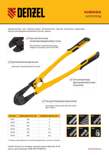 Болторез 300 мм 12", Cr-Mo Denzel по ценам производителя в Екатеринбурге с доставкой по всей России