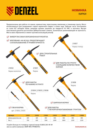 Кирка 700 г, фибергласовая обрезиненная рукоятка 385 мм Denzel по ценам производителя в Екатеринбурге с доставкой по всей России