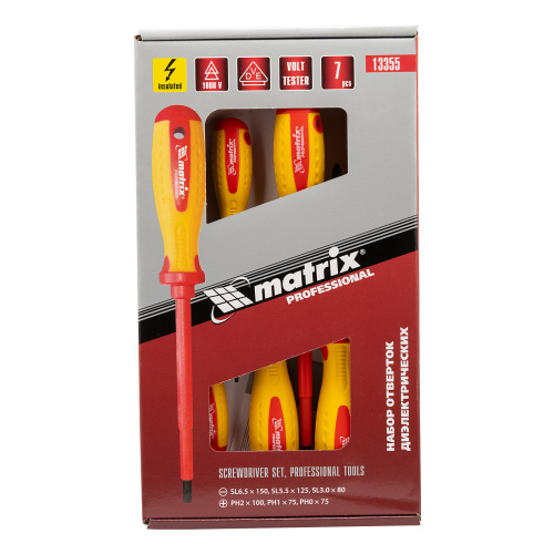 Набор диэлектрических отверток 7 шт, до 1000 В, пробник электрический до 250 В, двухкомпонентные рукоятки Matrix Professional по ценам производителя в Екатеринбурге с доставкой по всей России