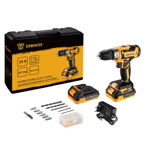 Аккумуляторная дрель-шуруповерт DEKO GCD20DU PRO в кейсе + набор 63 инструмента для дома, 20В, 2х2.0 купить в Москве с доставкой по всей России | ProtosMarket.ru