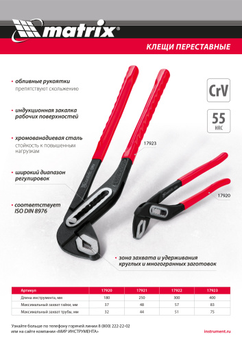 Клещи переставные 400 мм, хром-ванадий, обливные рукоятки Matrix купить в Москве с доставкой по всей России | ProtosMarket.ru