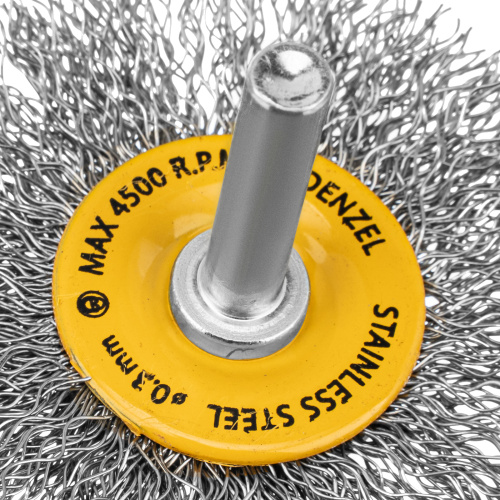 Щетка для дрели, 60 мм, Плоская, со шпилькой, нержавеющая витая проволока Denzel по ценам производителя в Екатеринбурге с доставкой по всей России