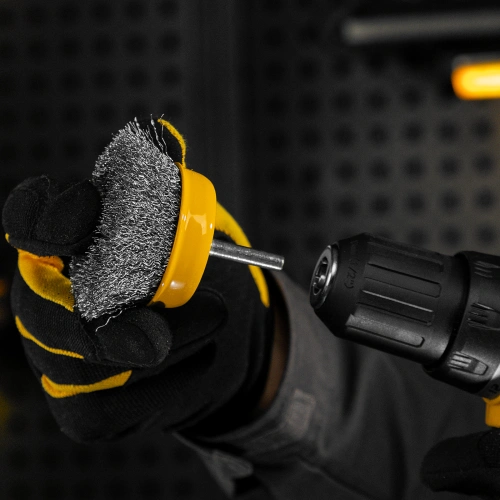 Щетка для дрели, 75 мм, Чашка, со шпилькой, нержавеющая витая проволока Denzel по ценам производителя в Екатеринбурге с доставкой по всей России