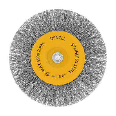 Щетка для дрели 100 мм, Плоская, со шпилькой, нержавеющая витая проволока Denzel по ценам производителя в Екатеринбурге с доставкой по всей России