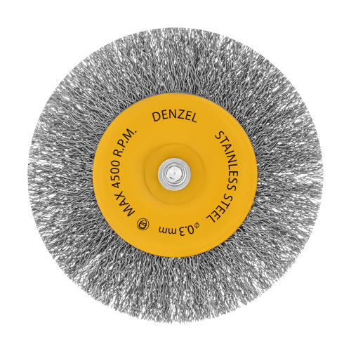 Щетка для дрели 100 мм, Плоская, со шпилькой, нержавеющая витая проволока Denzel по ценам производителя в Екатеринбурге с доставкой по всей России