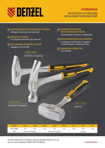 Молоток-гвоздодер 560 г, цельнометаллический, двухкомпонентная рукоятка Denzel по ценам производителя в Екатеринбурге с доставкой по всей России