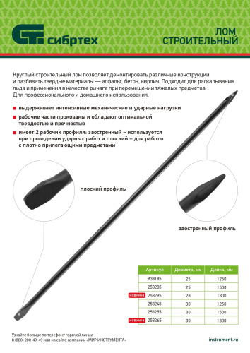Лом строительный, D 25 мм, L 1250 мм, круглый Сибртех по ценам производителя в Екатеринбурге с доставкой по всей России