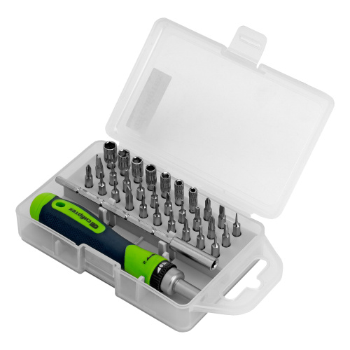 Отвертка реверсивная для точных работ с набором бит и торцевых головок, 32 предмета, CrV Сибртех по ценам производителя в Екатеринбурге с доставкой по всей России