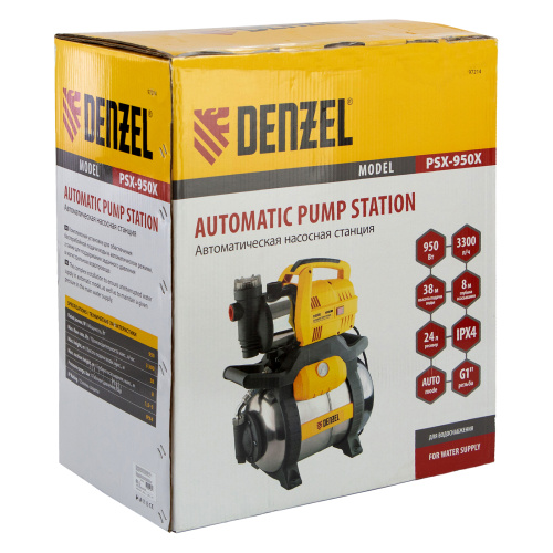Насосная станция PSХ950X, Х-Pro, 950 Вт, 3300 л/ч, ресивер 24 л, подъем 38 м, нержавейка Denzel по ценам производителя в Екатеринбурге с доставкой по всей России