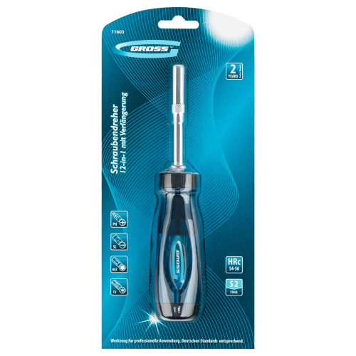 Отвертка реверсивная с удлинителем, трещотка 72 зуба, 12 шт, сталь S2 Gross по ценам производителя в Екатеринбурге с доставкой по всей России