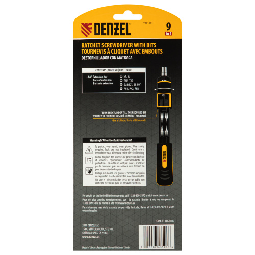 Отвертка реверсивная с револьверным механизмом, 11 шт, сталь S2  Denzel по ценам производителя в Екатеринбурге с доставкой по всей России