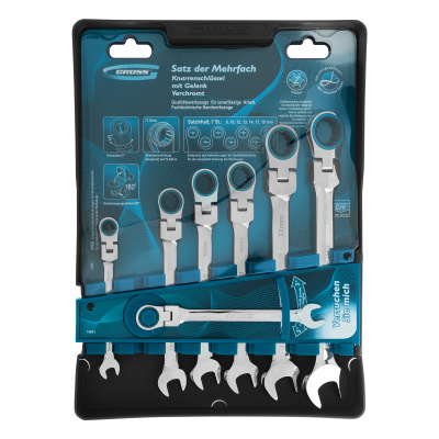 Набор ключей комбинированных с трещоткой, 8-19 мм, 7 шт, шарнирные, CrV Gross по ценам производителя в Екатеринбурге с доставкой по всей России