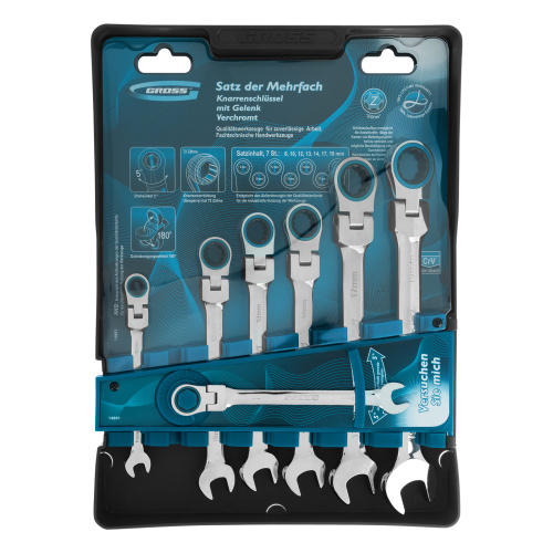 Набор ключей комбинированных с трещоткой, 8-19 мм, 7 шт, шарнирные, CrV Gross по ценам производителя в Екатеринбурге с доставкой по всей России