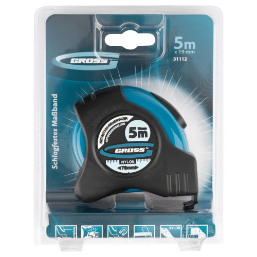 Рулетка "Schlagfest",5 м x 19 мм,магнитный обрезиненный зацеп,двусторонняя шкала,Нейлоновое покрытие,автоматическая фиксация Gross по ценам производителя в Екатеринбурге с доставкой по всей России