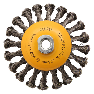 Щетка для УШМ, 125 мм, "Тарелка", крученая нержавеющая проволока 0.5 мм, М14 Denzel по ценам производителя в Екатеринбурге с доставкой по всей России