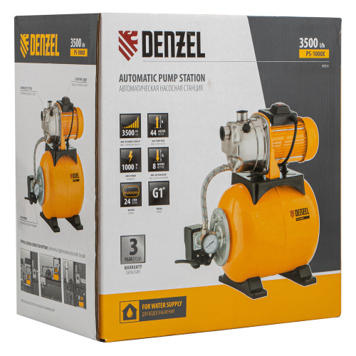Насосная станция PS1000Х, 1000 Вт, 3500 л/ч, ресивер 24 л, подъем 44 м, нержавейка Denzel по ценам производителя в Екатеринбурге с доставкой по всей России