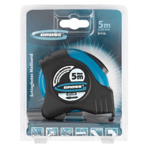 Рулетка "Schlagfest",5 м x 25 мм,магнитный обрезиненный зацеп,двусторонняя шкала,Нейлоновое покрытие,автоматическая фиксация Gross по ценам производителя в Екатеринбурге с доставкой по всей России