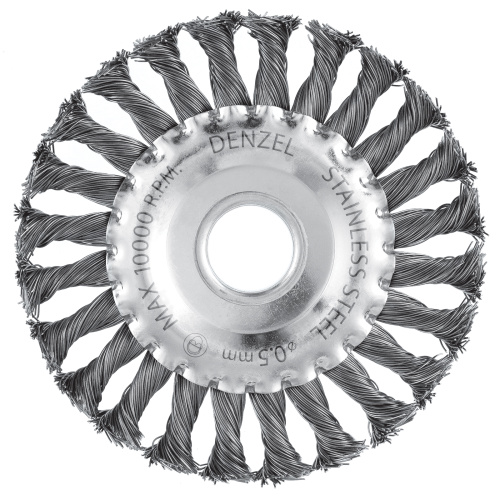 Щетка для УШМ, 125 мм, "Плоская", крученая нержавеющая проволока 0.5 мм, посадка 22.2 мм Denzel по ценам производителя в Екатеринбурге с доставкой по всей России