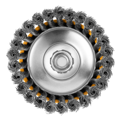 Щетка для УШМ, 125 мм, "Чашка", крученая нержавеющая проволока 0.5 мм, М14 Denzel по ценам производителя в Екатеринбурге с доставкой по всей России