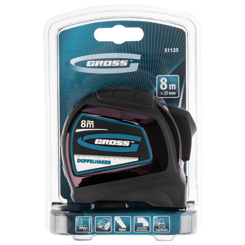 Рулетка "Doppelhaken",8 м x 25 мм,двухсторонний зацеп,Нейлон,двусторонняя шкала,автоматическая фиксация Gross по ценам производителя в Екатеринбурге с доставкой по всей России