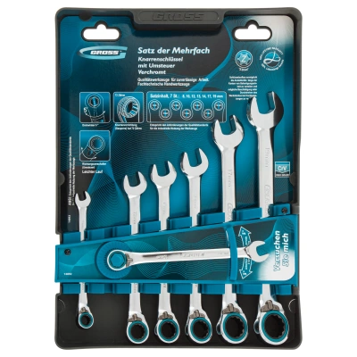 Набор ключей комбинированных с трещоткой, 8-19 мм, 7 шт, реверсивные, CrV Gross по ценам производителя в Екатеринбурге с доставкой по всей России