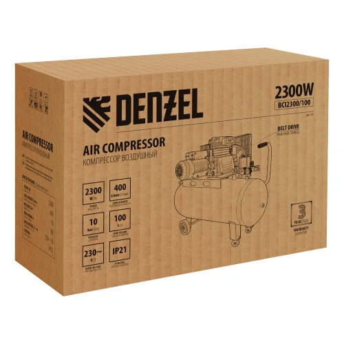 Компрессор воздушный BCI2300/100, ременный привод, 2.3 кВт, 100 литров, 400 л/мин Denzel по ценам производителя в Екатеринбурге с доставкой по всей России