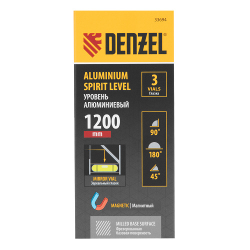 Уровень алюминиевый, магнит, фрезерованный, 3 глазка (1 зеркал.) 0,5 мм/м, 1200 мм Denzel по ценам производителя в Екатеринбурге с доставкой по всей России