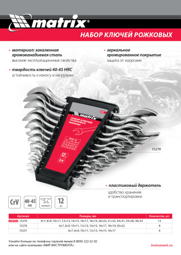 Набор ключей рожковых, 6 х 32 мм, 12 шт., CrV, хромированные Matrix по ценам производителя в Екатеринбурге с доставкой по всей России