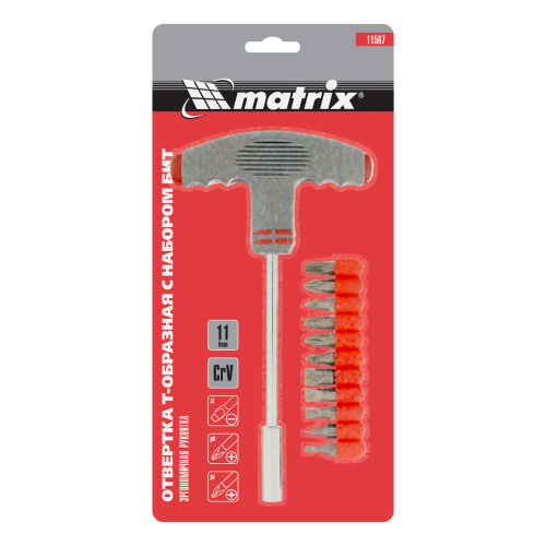 Отвертка с Т-образной эргономичной ручкой и набором бит, 11 шт, CrV Matrix по ценам производителя в Екатеринбурге с доставкой по всей России