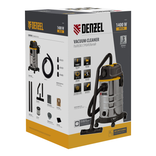 Пылесос строительный RVC30, 1400 Вт, бак 30 л, шланг 3 м, розетка с автосинхр. Denzel по ценам производителя в Екатеринбурге с доставкой по всей России