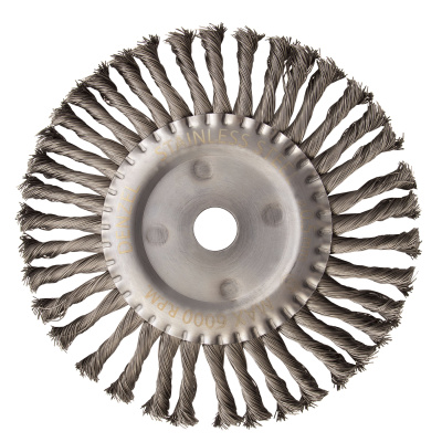 Щетка для УШМ, 200 мм, "Плоская", крученая нержавеющая проволока 0.5 мм, посадка 22.2 мм Denzel по ценам производителя в Екатеринбурге с доставкой по всей России