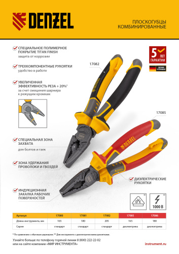 Плоскогубцы комбинированные, диэлектрические трехкомпонентные рукоятки до 1000 В, 165 мм Denzel по ценам производителя в Екатеринбурге с доставкой по всей России