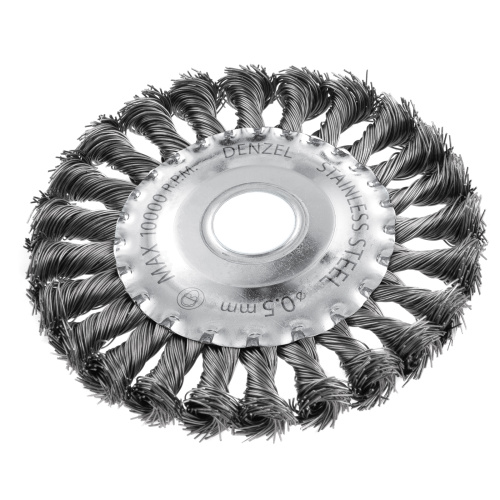 Щетка для УШМ, 125 мм, "Плоская", крученая нержавеющая проволока 0.5 мм, посадка 22.2 мм Denzel по ценам производителя в Екатеринбурге с доставкой по всей России