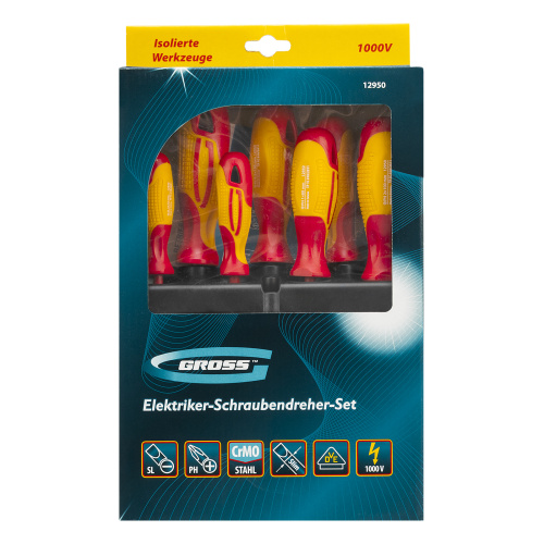 Набор отверток диэлектрических до 1000 В, 8 шт, тестер, CrMo, двухкомпонентные рукоятки Gross по ценам производителя в Екатеринбурге с доставкой по всей России