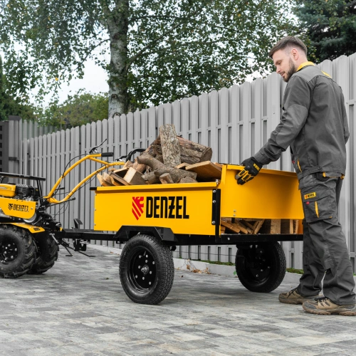 Прицеп для мотоблока TT-500, оцинк., груз. 500 кг, рег. сцепка, колеса 4.00-10, в упаковке Denzel по ценам производителя в Екатеринбурге с доставкой по всей России