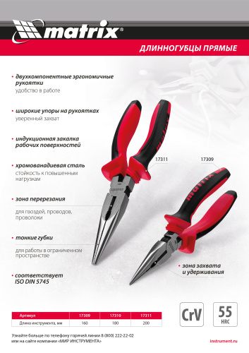 Длинногубцы прямые, 160 мм, хром-ванадий, двухкомпонентные рукоятки Matrix по ценам производителя в Екатеринбурге с доставкой по всей России