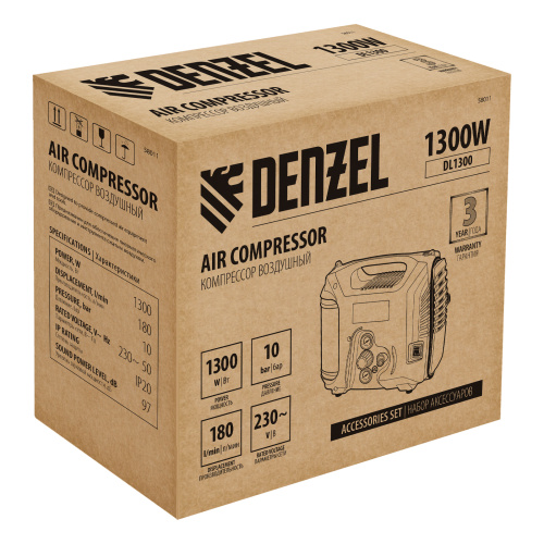 Компрессор воздушный DL1300, 10 бар, 1,3 кВт 180 л/мин 5 л, с набором аксессуаров Denzel по ценам производителя в Екатеринбурге с доставкой по всей России