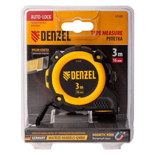 Рулетка 3м х 16мм, автоматич. фиксац., нейлон. покрытие, магнит. зацеп, двухстор. разметка Denzel по ценам производителя в Екатеринбурге с доставкой по всей России