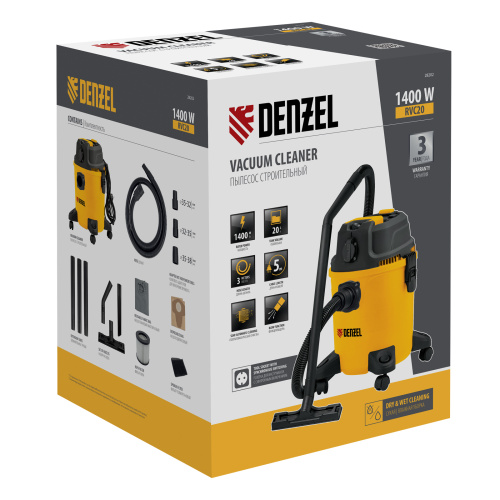Пылесос строительный RVC20, 1400 Вт, бак 20 л, шланг 3 м, розетка с автосинхр. Denzel по ценам производителя в Екатеринбурге с доставкой по всей России
