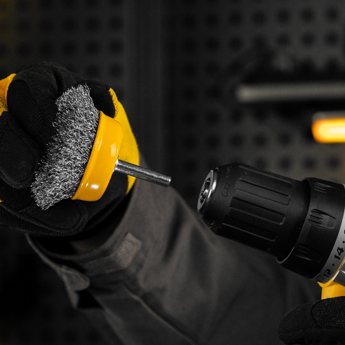 Щетка для дрели, 50 мм, Чашка, со шпилькой, нержавеющая витая проволока Denzel по ценам производителя в Екатеринбурге с доставкой по всей России