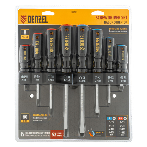 Набор отверток на полке, 8 шт., PH+SL, S2, 3к рукоятка Denzel по ценам производителя в Екатеринбурге с доставкой по всей России