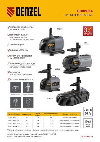 Насос фонтанный FNP18-14, 18 Вт, подъем 1,4 м, 750 л/ч, колокольчик/каскад Denzel по ценам производителя в Екатеринбурге с доставкой по всей России