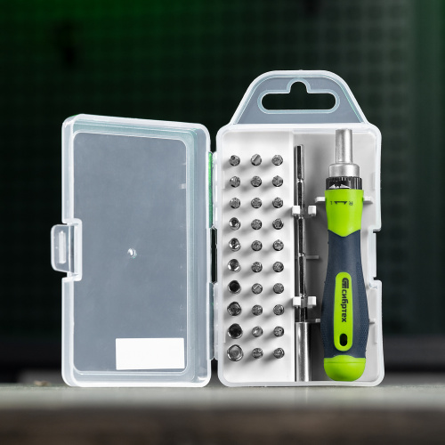 Отвертка реверсивная для точных работ с набором бит и торцевых головок, 32 предмета, CrV Сибртех по ценам производителя в Екатеринбурге с доставкой по всей России