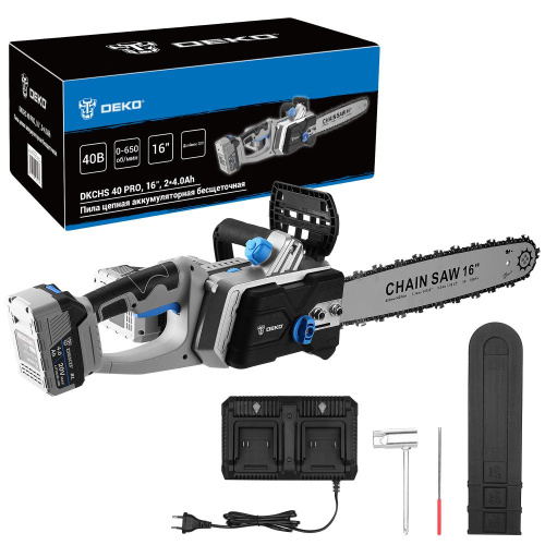 Пила цепная аккумуляторная бесщеточная DEKO DKCHS 40 PRO, 16", 2х20В, 2x4.0Ач, двойное з/у купить в Москве с доставкой по всей России | ProtosMarket.ru