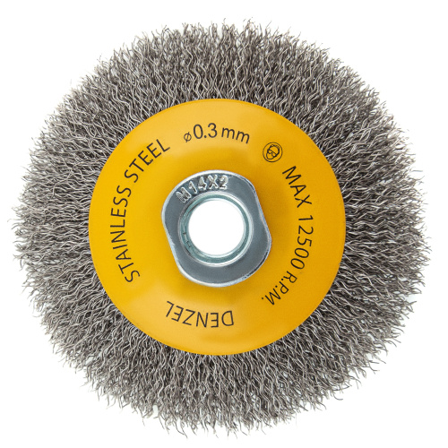 Щетка для УШМ, 100 мм, "Тарелка", витая нержавеющая проволока 0.3 мм, М14 Denzel по ценам производителя в Екатеринбурге с доставкой по всей России