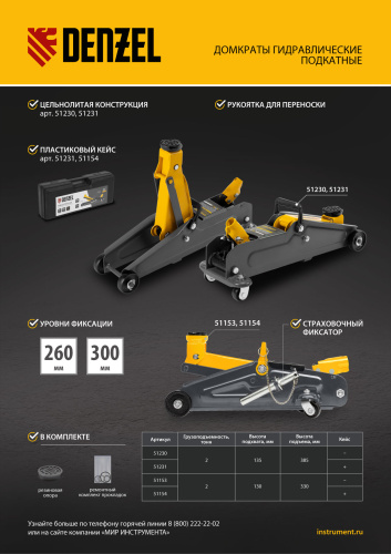 Домкрат гидравлический подкатной, 2 т, 135-385 мм, в пласт. кейсе Denzel по ценам производителя в Екатеринбурге с доставкой по всей России