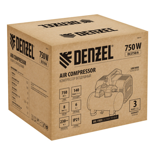 Компрессор  DLS750/6 безмасляный малошумный 750 Вт, 140 л/мин,ресивер 6 л Denzel по ценам производителя в Екатеринбурге с доставкой по всей России