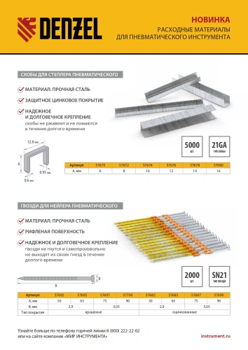 Гвозди для пнев. нейлера (оцинк.) длина - 50 мм, диам. - 2,9 мм, 2000 шт. Denzel по ценам производителя в Екатеринбурге с доставкой по всей России